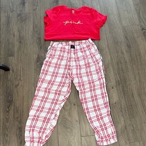 PINK Victoria's Secret women’s Pajama Set - Red Top and White Plaid Pants
